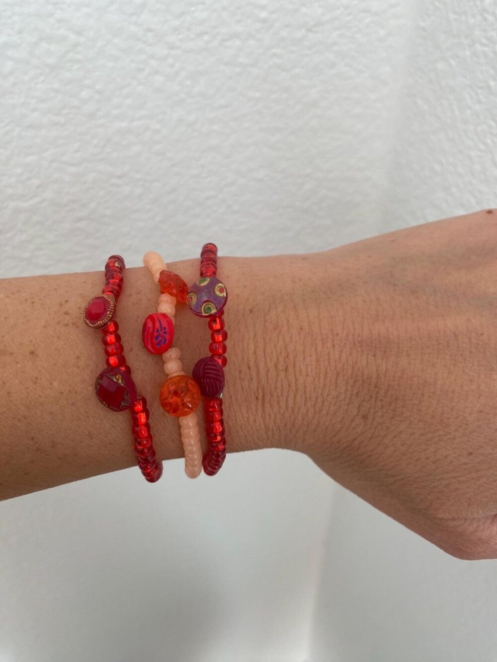 Set of Red and Orange Czech Glass Bead Bracelets